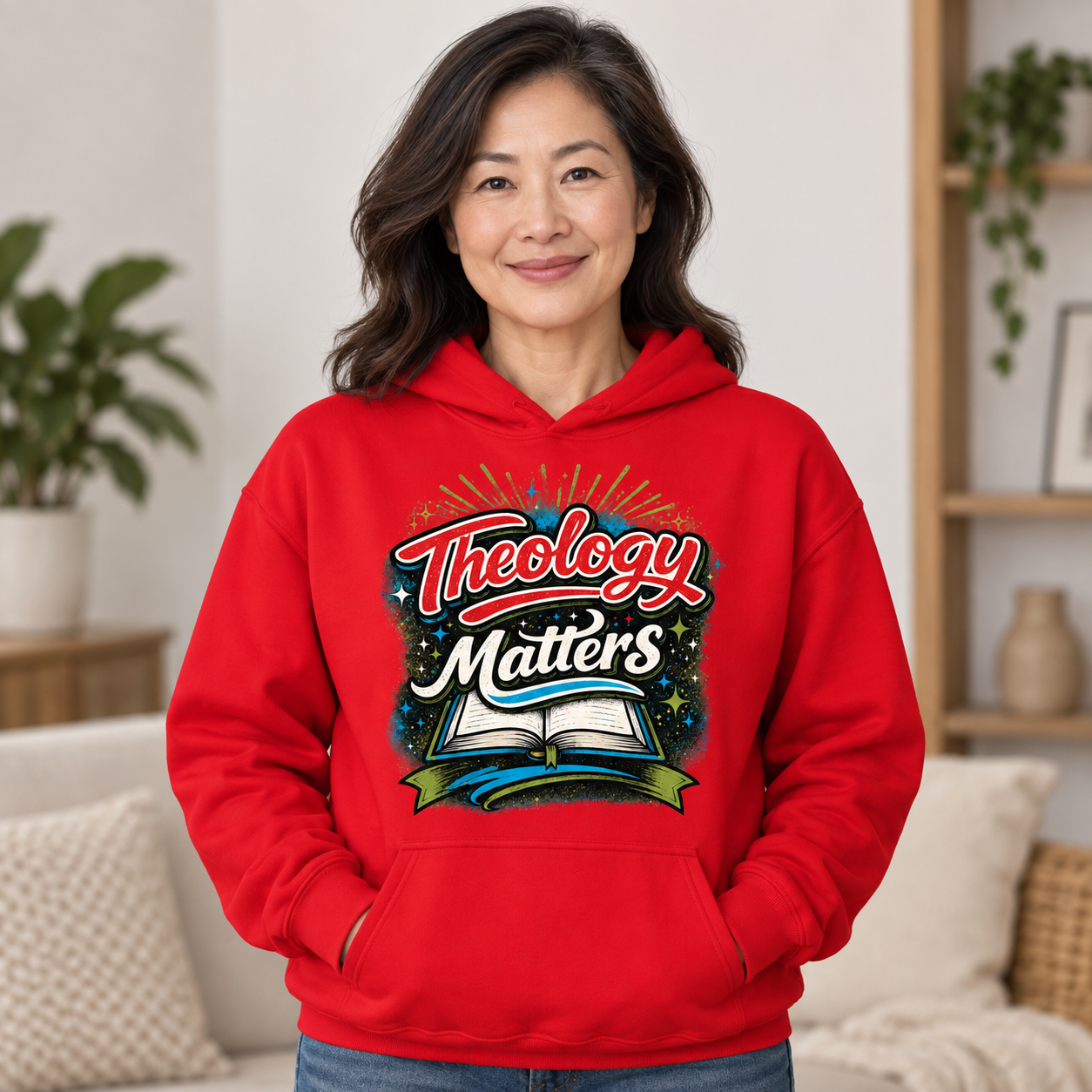 Asian woman wearing red Theology Matters Christian hoodie