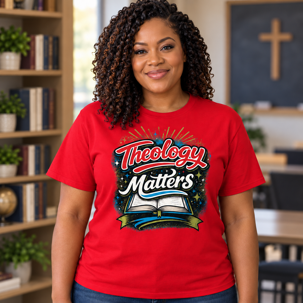 Black female model wearing red Theology Matters Christian T-shirt