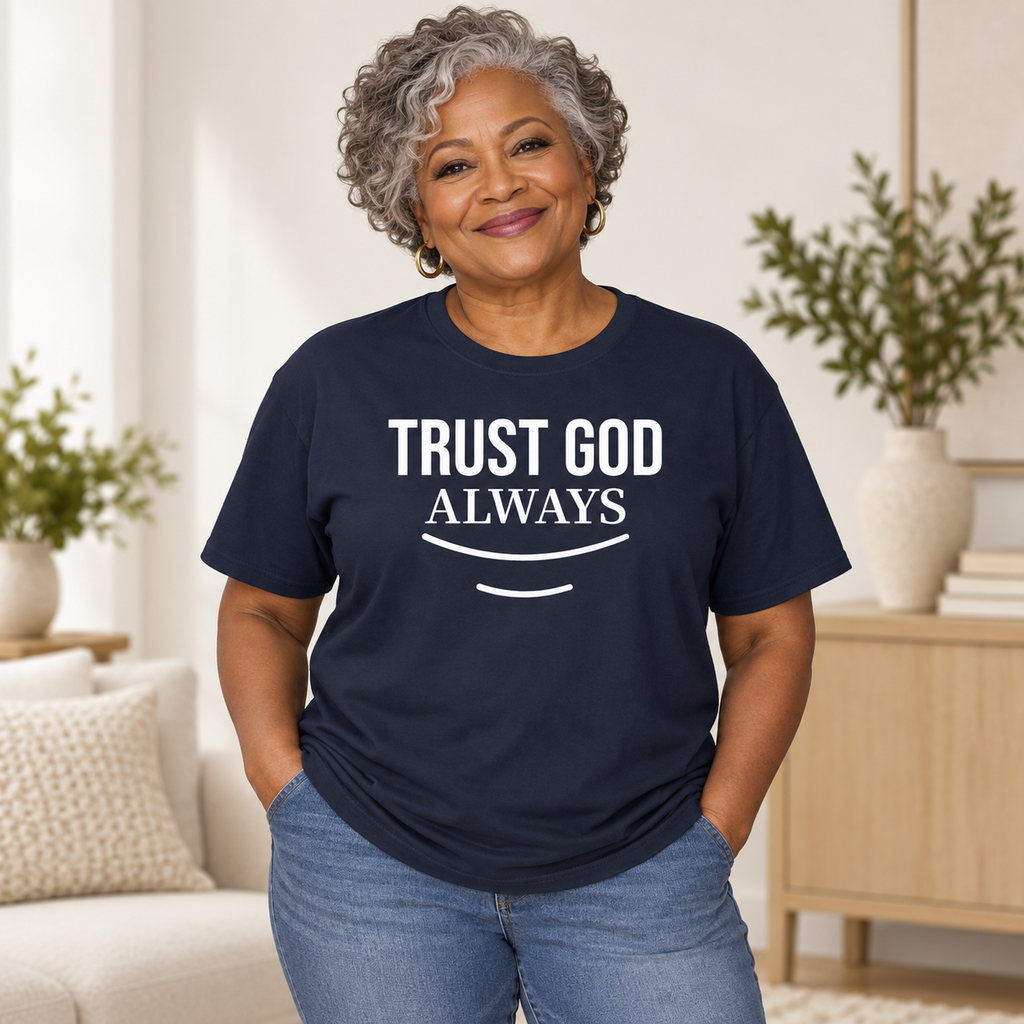 Older Black woman wearing navy Trust God Always Christian T-shirt