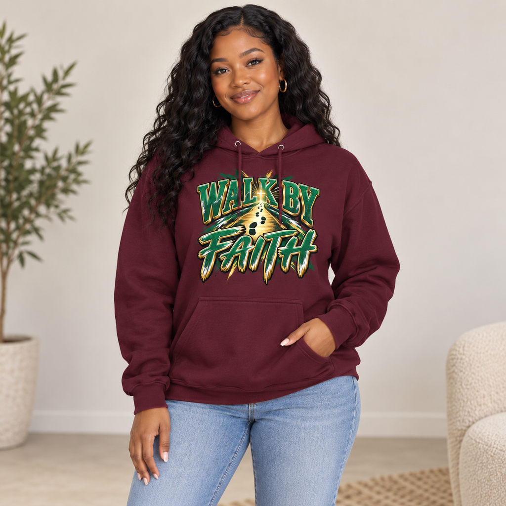 Young Black woman wearing maroon Walk By Faith Christian hoodie